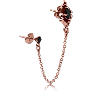 ROSE GOLD PVD COATED SURGICAL STEEL JEWELLED EAR STUDS WITH CONNECTING CHAIN - ANCHOR CROSS