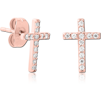 ROSE GOLD PVD COATED SURGICAL STEEL JEWELLED EAR STUDS PAIR - CROSS