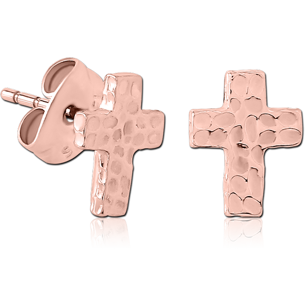 ROSE GOLD PVD COATED SURGICAL STEEL EAR STUDS -CROSS