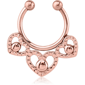 ROSE GOLD PVD COATED SURGICAL STEEL FAKE SEPTUM RING - THREE HEARTS