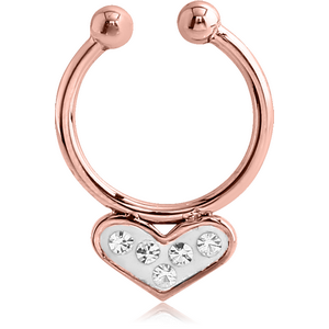 ROSE GOLD PVD COATED SURGICAL STEEL CRYSTALINE JEWELLED FAKE SEPTUM RING - HEART