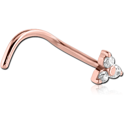 ROSE GOLD PVD COATED SURGICAL STEEL CURVED PRONG SET JEWELLED TRINITY NOSE STUD