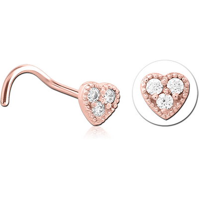 ROSE GOLD PVD COATED SURGICAL STEEL CURVED JEWELLED NOSE STUD - HEART