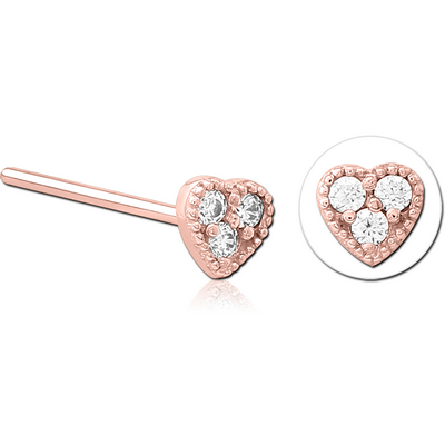 ROSE GOLD PVD COATED SURGICAL STEEL STRAIGHT JEWELLED NOSE STUD - HEART