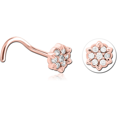 ROSE GOLD PVD COATED SURGICAL STEEL CURVED JEWELLED NOSE STUD - FLOWER