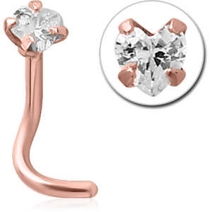 ROSE GOLD PVD COATED SURGICAL STEEL CURVED PRONG SET HEART JEWELLED NOSE STUD