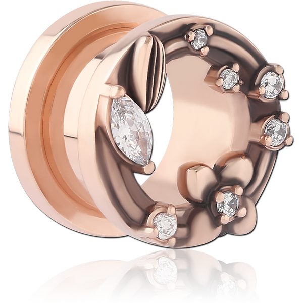 ROSE GOLD PVD COATED STAINLESS STEEL THREADED TUNNEL WITH SURGICAL STEEL JEWELLED TOP