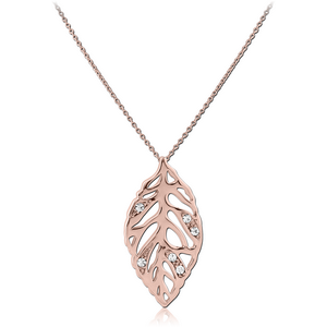 ROSE GOLD PVD COATED SURGICAL STEEL JEWELLED NECKLACE WITH PENDANT - LEAF