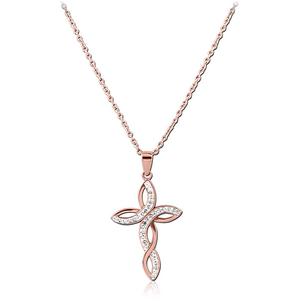 ROSE GOLD PVD COATED SURGICAL STEEL NECKLACE JEWELLED PENDANT - CROSS