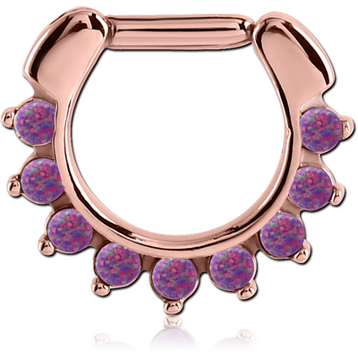 ROSE GOLD PVD COATED SURGICAL STEEL ROUND SYNTHETIC OPAL HINGED SEPTUM CLICKER