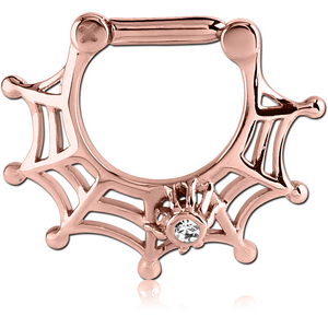 ROSE GOLD PVD COATED SURGICAL STEEL JEWELLED HINGED SEPTUM CLICKER - SPIDER WEB