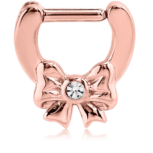 ROSE GOLD PVD COATED SURGICAL STEEL ROUND JEWELLED HINGED SEPTUM CLICKER - BOW
