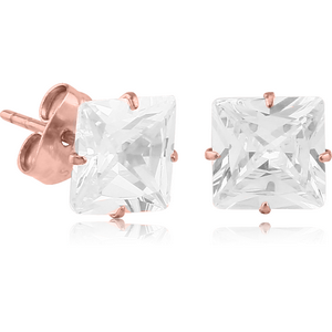 ROSE GOLD PVD COATED SURGICAL STEEL SQUARE PRONG SET JEWELLED EAR STUDS PAIR