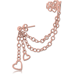STERLING SILVER 925 ROSE GOLD PVD COATED EAR CUFF CHAIN WITH HEARTS