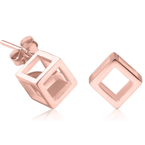 STERLING SILVER 925 ROSE GOLD PVD COATED EAR STUDS PAIR - 3D CUBE