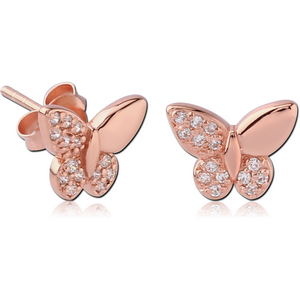 STERLING SILVER 925 ROSE GOLD PVD COATED JEWELLED EAR STUDS PAIR - BUTTERFLY