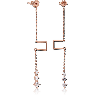 STERLING SILVER 925 ROSE GOLD PVD COATED JEWELLED CHAIN EAR STUDS PAIR