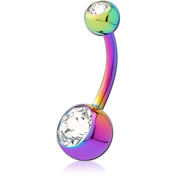 RAINBOW PVD COATED SURGICAL STEEL DOUBLE PREMIUM CRYSTALS JEWELLED NAVEL BANANA