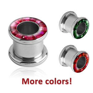 SURGICAL STEEL SYNTHETIC MOTHER OF PEARL MOSAIC ROUND-EDGE THREADED TUNNEL