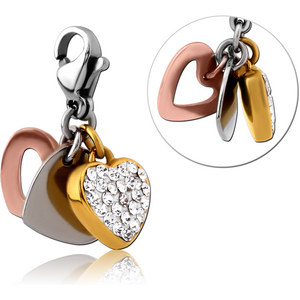 SURGICAL STEEL CRYSTALINE JEWELLED TRIPLE TONE CHARM WITH LOBSTER LOCKER - HEART