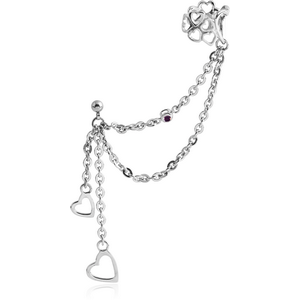 SURGICAL STEEL JEWELLED EAR CUFF CHAIN WITH TWO HEARTS