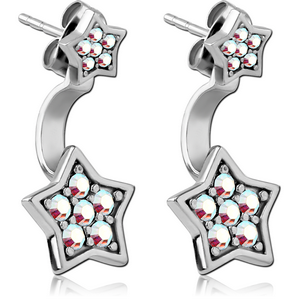 SURGICAL STEEL JEWELLED BACK EARRINGS WITH STUD PAIR - STAR