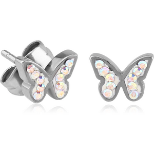 SURGICAL STEEL CRYSTALINE JEWELLED EAR STUDS PAIR - BUTTERFLY