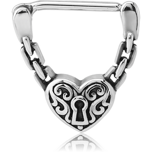 SURGICAL STEEL NIPPLE CLICKER - CHAINS HEART LOCK