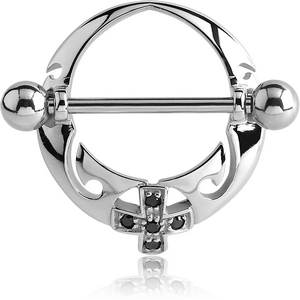 SURGICAL STEEL JEWELLED NIPPLE SHIELD - CIRCLE WITH CROSS