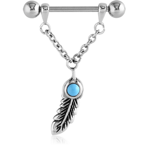 SURGICAL STEEL TURQUOISE NIPPLE SHIELD - CHAIN WITH FEATHER