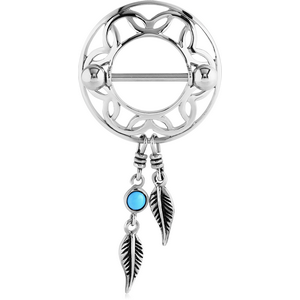 SURGICAL STEEL TURQUOISE DREAMCATCHER WITH FEATHERS NIPPLE SHIELD