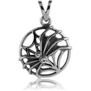 SURGICAL STEEL JEWELLED PENDANT - SPIDER ON WEB