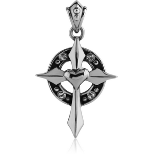 SURGICAL STEEL JEWELLED PENDANT - POINTY CROSS WITH HEART