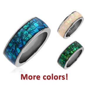 SURGICAL STEEL SYNTHETIC MOTHER OF PEARL MOSAIC 8MM FLAT BAND RING