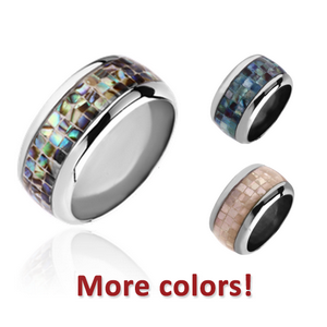 SURGICAL STEEL SYNTHETIC MOTHER OF PEARL MOSAIC 11MM ROUND BAND RING