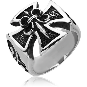 SURGICAL STEEL RING - IRON CROSS WITH FLEUR DE LIS