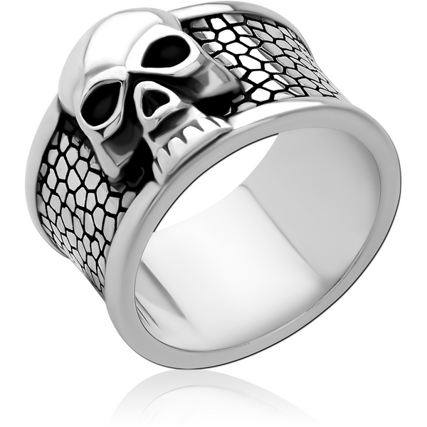 SURGICAL STEEL RING - WIDE BAND SKULL ON TEXTURE