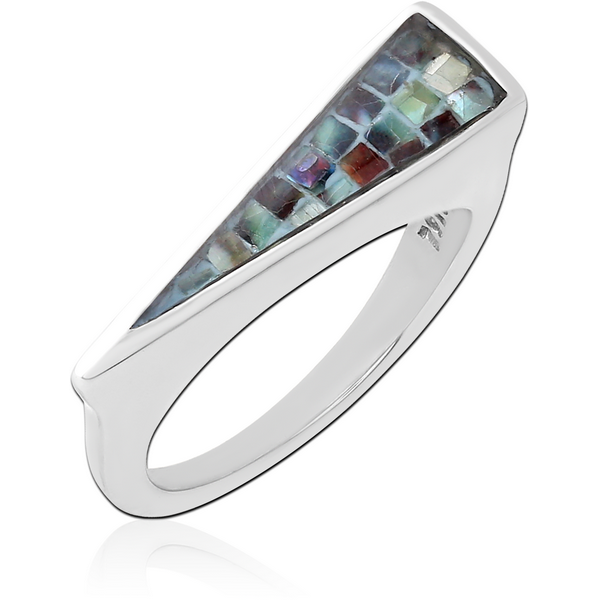 SURGICAL STEEL SYNTHETIC MOTHER OF PEARL MOSAIC RING - TRIANGLE
