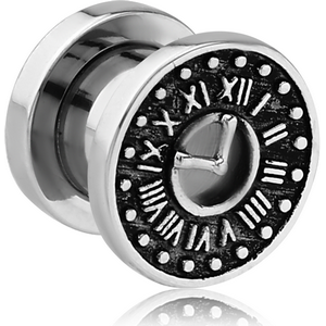 STAINLESS STEEL THREADED TUNNEL WITH SURGICAL STEEL TOP - VINTAGE ANALOG CLOCK