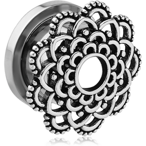 STAINLESS STEEL THREADED TUNNEL WITH RHODIUM PLATED BRASS TOP - FLOWER FILIGREE