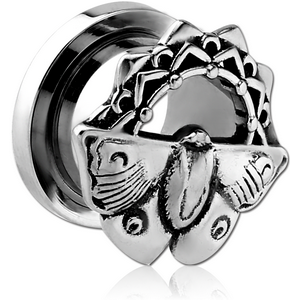 STAINLESS STEEL THREADED TUNNEL WITH RHODIUM PLATED BRASS TOP - MOTH FILIGREE