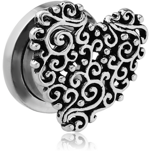 STAINLESS STEEL THREADED TUNNEL WITH RHODIUM PLATED BRASS TOP - HEART FILIGREE