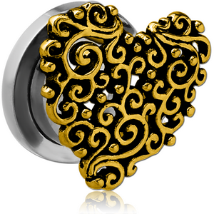 STAINLESS STEEL THREADED TUNNEL WITH BRASS TOP - HEART FILIGREE