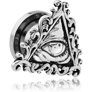 STAINLESS STEEL THREADED TUNNEL WITH RHODIUM PLATED BRASS TOP - EYE OF PROVIDENCE FILIGREE