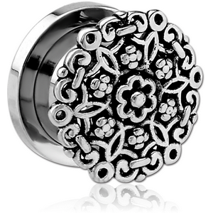 STAINLESS STEEL THREADED TUNNEL WITH SURGICAL STEEL TOP - FLOWER FILIGREE