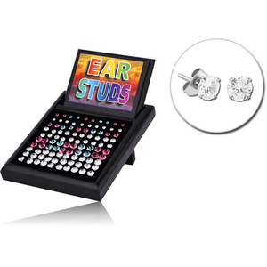 50 SURGICAL STEEL PRONG SET JEWELLED EAR STUDS WITH DISPLAY