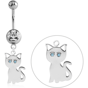 SURGICAL STEEL JEWELLED NAVEL BANANA WITH STERLING SILVER 925 CHARM - CAT