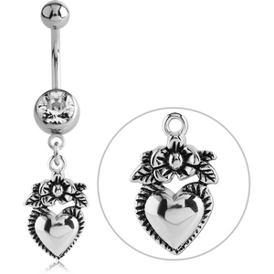 SURGICAL STEEL JEWELLED NAVEL BANANA WITH STERLING SILVER 925 CHARM - HEART