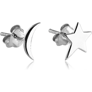 STERLING SILVER 925 EAR STUDS PAIR - STAR CRESENT