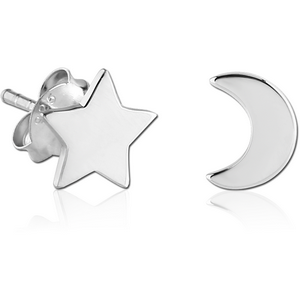 STERLING SILVER 925 EAR STUDS PAIR - 2D STAR CRESCENT